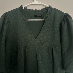 Women's Dark Green V-Neck Ruffled Sweater